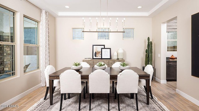 dining space featuring a raised ceiling