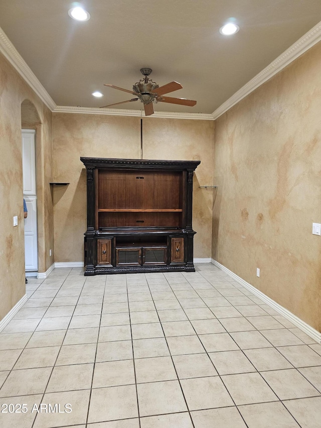 14380 W Monte Vista Rd, Goodyear, AZ 85395 - unfurnished room featuring ceiling fan, recessed lighting, crown molding, arched walkways, and baseboards