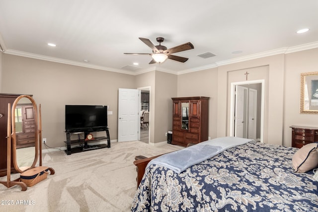 bedroom with crown molding, light colored carpet, and ceiling fan