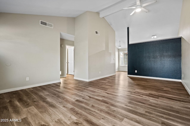 unfurnished living room featuring high vaulted ceiling, ceiling fan, baseboards, and visible vents