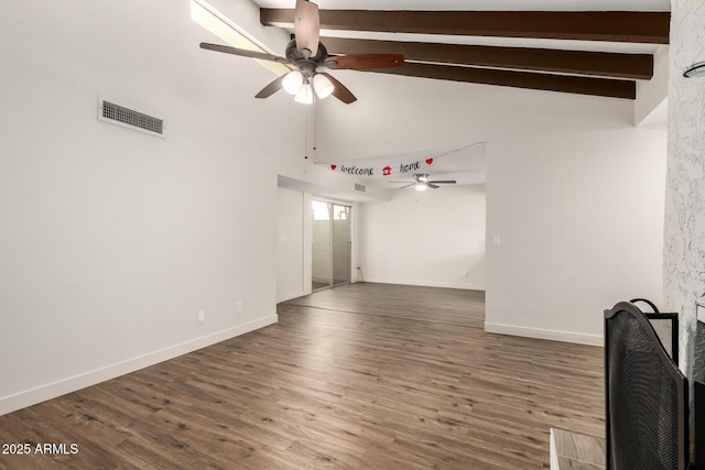 4722 W Via Cynthia, Glendale, AZ 85301 - spare room featuring ceiling fan, beam ceiling, wood finished floors, and high vaulted ceiling
