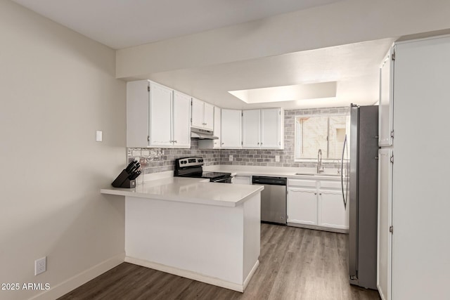 4722 W Via Cynthia, Glendale, AZ 85301 - kitchen with appliances with stainless steel finishes, under cabinet range hood, a peninsula, light wood-style floors, and decorative backsplash
