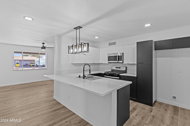 kitchen featuring white cabinets, a sink, visible vents, stainless steel appliances, and a peninsula