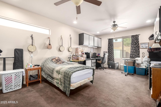 bedroom featuring carpet floors, recessed lighting, and a ceiling fan