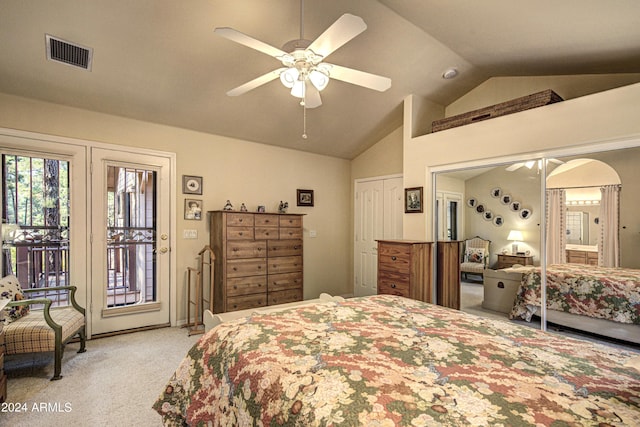 carpeted bedroom with access to exterior, ceiling fan, a closet, and vaulted ceiling