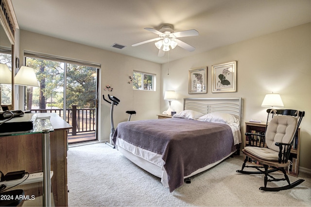 carpeted bedroom featuring access to outside and ceiling fan