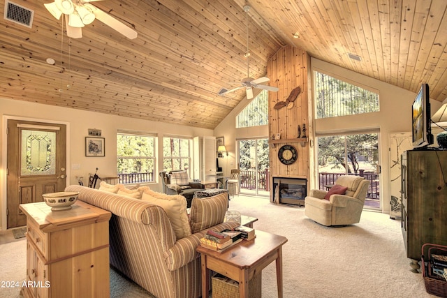 living room featuring ceiling fan, wood ceiling, light carpet, and high vaulted ceiling