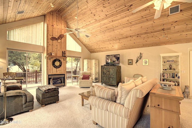 living room featuring carpet floors, high vaulted ceiling, a healthy amount of sunlight, and wood ceiling