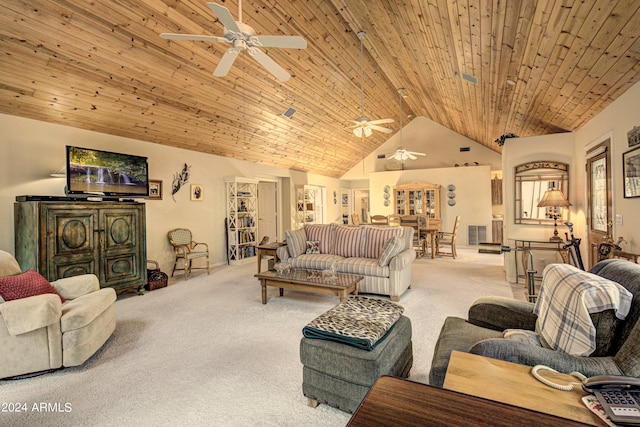 living room featuring wood ceiling, ceiling fan, light colored carpet, and lofted ceiling