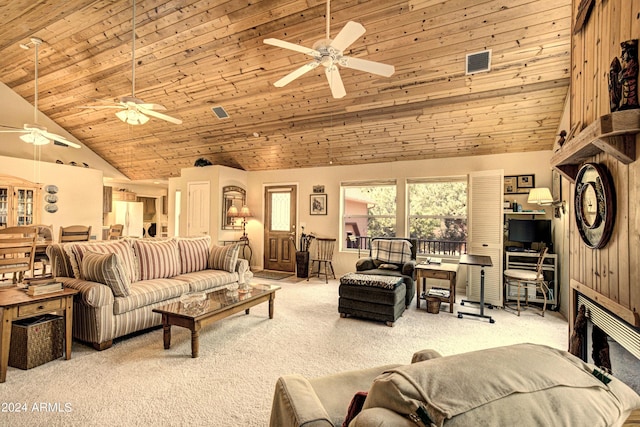 living room with ceiling fan, wooden ceiling, high vaulted ceiling, wood walls, and light colored carpet