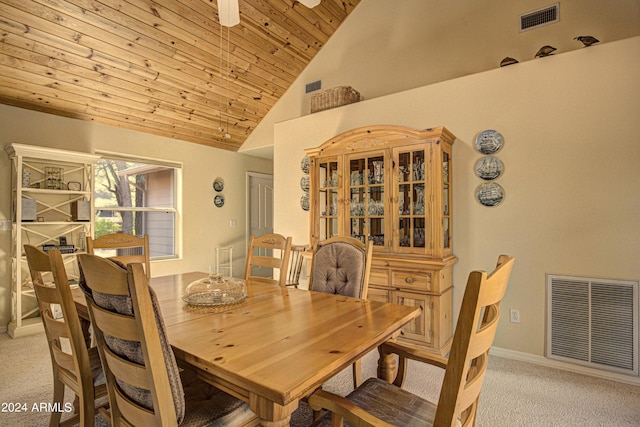 carpeted dining area with ceiling fan, high vaulted ceiling, and wood ceiling