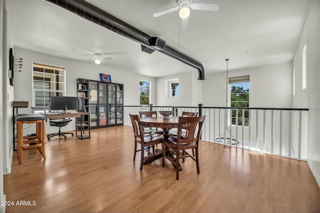 dining room with light hardwood / wood-style flooring, a wealth of natural light, and ceiling fan