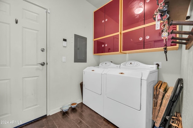 clothes washing area with cabinets, independent washer and dryer, electric panel, and dark hardwood / wood-style floors