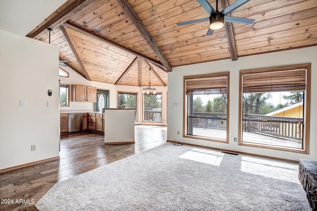 unfurnished living room with vaulted ceiling with beams, ceiling fan, wooden ceiling, and dark hardwood / wood-style flooring