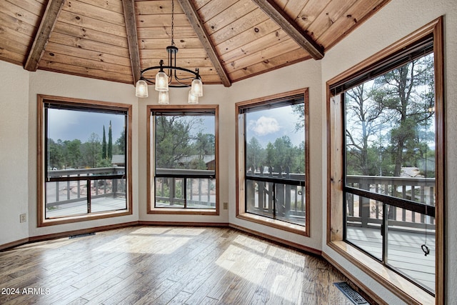 unfurnished dining area featuring light hardwood / wood-style flooring, wood ceiling, a chandelier, and lofted ceiling with beams