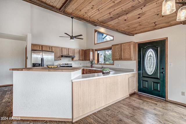 kitchen with light hardwood / wood-style floors, kitchen peninsula, ceiling fan, and stainless steel appliances