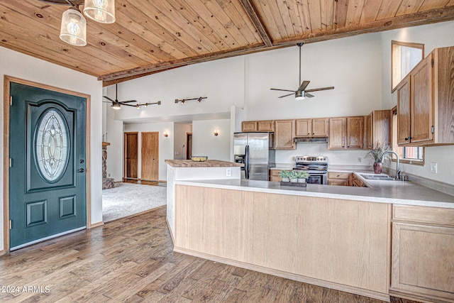 kitchen with wood ceiling, sink, kitchen peninsula, appliances with stainless steel finishes, and ceiling fan