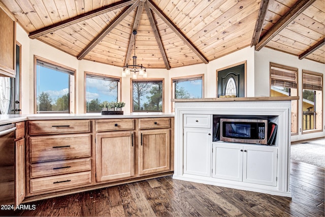 kitchen with wooden ceiling and dark wood-type flooring