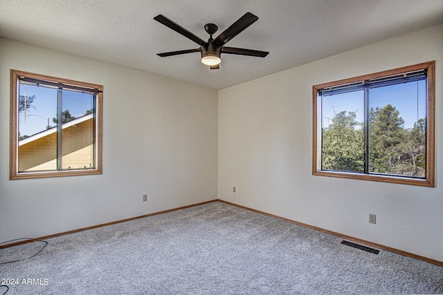 empty room featuring a wealth of natural light, ceiling fan, and carpet flooring