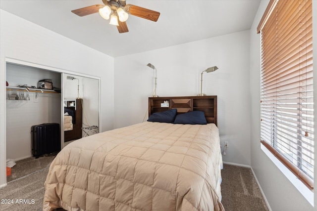 carpeted bedroom featuring radiator heating unit, a closet, and ceiling fan