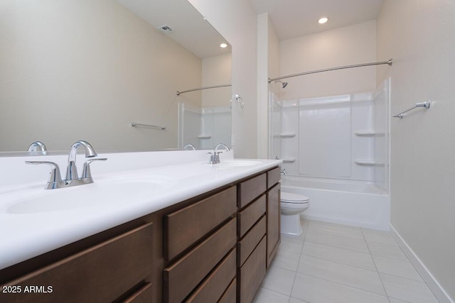 full bathroom featuring tile patterned floors, toilet, bathing tub / shower combination, and vanity