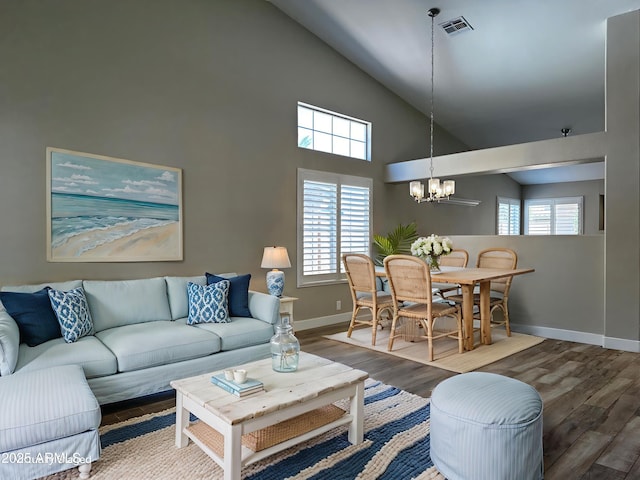 351 N Newport St, Chandler, AZ 85225 - living area featuring a chandelier, high vaulted ceiling, and wood finished floors