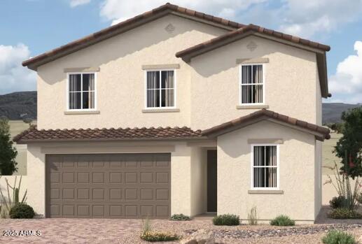 mediterranean / spanish-style house featuring a garage, a tile roof, driveway, and stucco siding