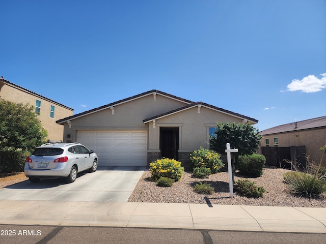 7251 E Grouse Ct, San Tan Valley, AZ 85143 - single story home with stone siding, fence, driveway, and an attached garage