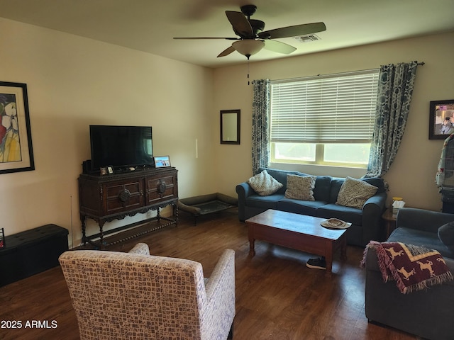 7251 E Grouse Ct, San Tan Valley, AZ 85143 - living area featuring wood finished floors, visible vents, and ceiling fan