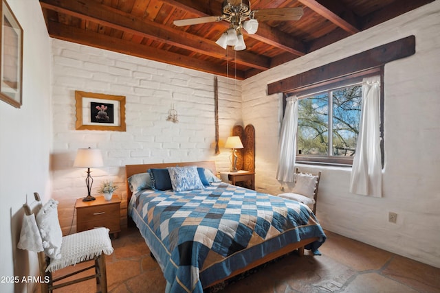 bedroom with beam ceiling, wooden ceiling, and a ceiling fan