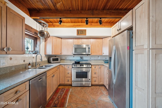 kitchen with visible vents, a sink, stainless steel appliances, wooden ceiling, and backsplash