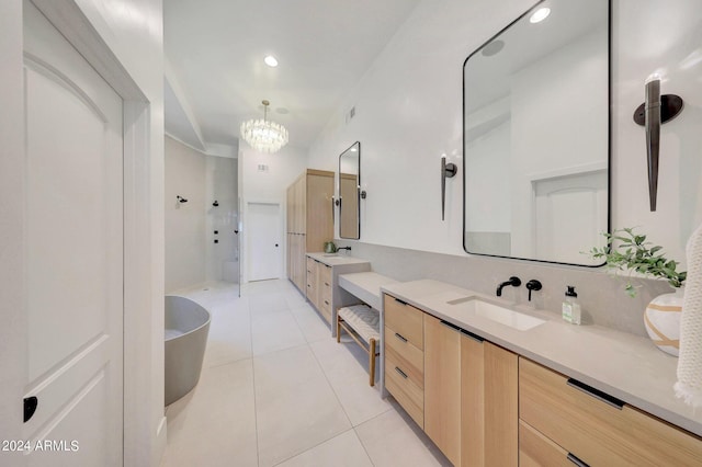 bathroom featuring vanity, tile patterned flooring, plus walk in shower, and an inviting chandelier