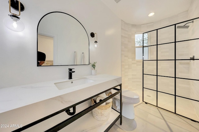 bathroom with toilet, sink, and tiled shower