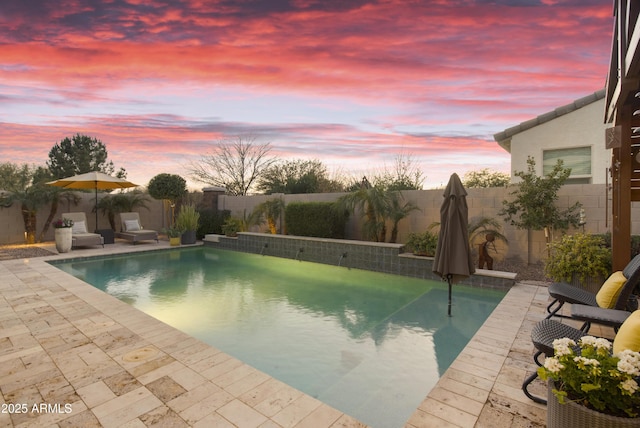 view of swimming pool featuring a fenced in pool, a fenced backyard, and a patio