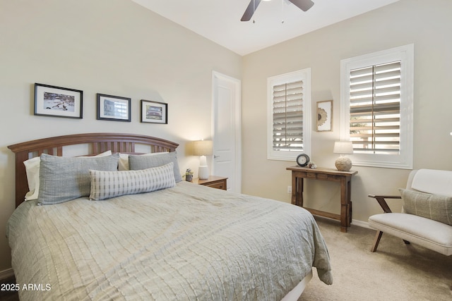 bedroom featuring carpet, ceiling fan, and baseboards