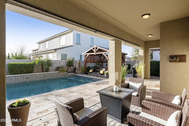 view of patio / terrace featuring a gazebo, an outdoor living space, a fenced backyard, and a fenced in pool