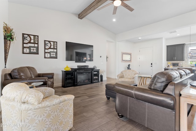 17385 W Sugar Hill Ct, Surprise, AZ 85388 - living room with wood finished floors, a ceiling fan, recessed lighting, baseboards, and a glass covered fireplace