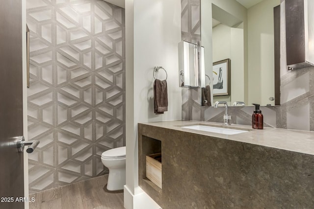 bathroom featuring vanity, wood-type flooring, and toilet