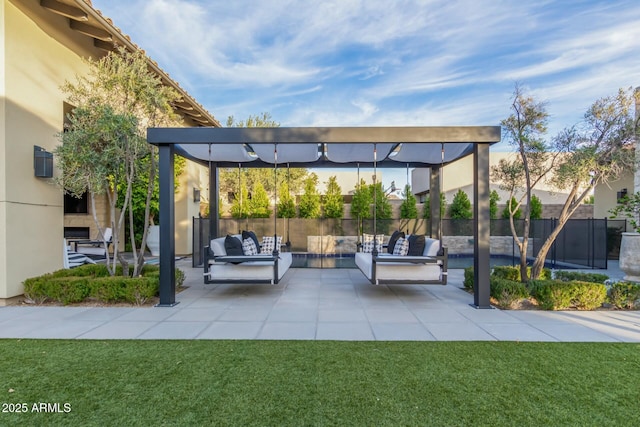 view of home's community featuring a patio, an outdoor hangout area, a yard, and a pergola