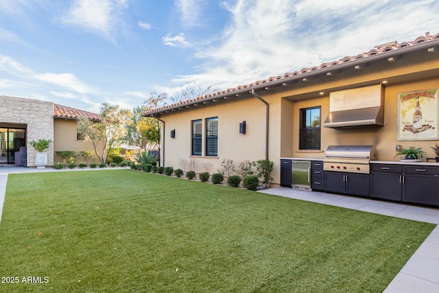 exterior space with exterior kitchen and a lawn