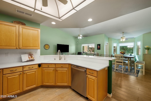 5830 E Mckellips Rd Unit 2, Mesa, AZ 85215 - kitchen featuring dishwasher, ceiling fan, a sink, recessed lighting, and vaulted ceiling