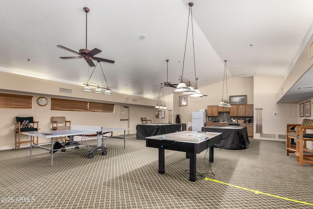 5830 E Mckellips Rd Unit 2, Mesa, AZ 85215 - game room featuring carpet, high vaulted ceiling, a ceiling fan, baseboards, and billiards table