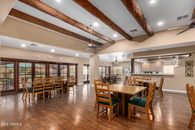 5830 E Mckellips Rd Unit 2, Mesa, AZ 85215 - dining room featuring ceiling fan, baseboards, beam ceiling, wood finished floors, and recessed lighting