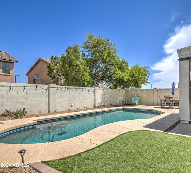 view of swimming pool with a fenced in pool, a patio, and a fenced backyard