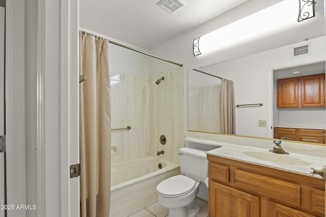 bathroom with visible vents, shower / tub combo with curtain, toilet, and vanity