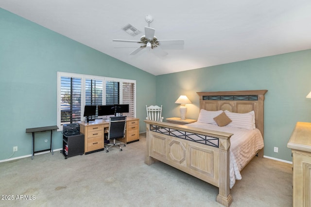 bedroom with baseboards, vaulted ceiling, a ceiling fan, visible vents, and light colored carpet