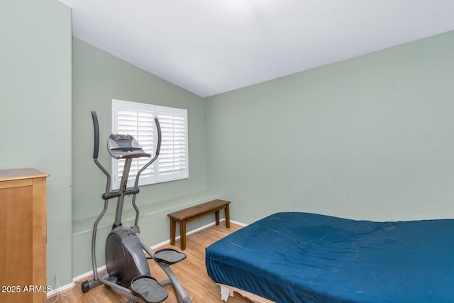 bedroom featuring baseboards, vaulted ceiling, and wood finished floors