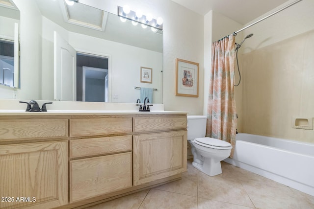 bathroom with tile patterned flooring, toilet, shower / bath combo, a sink, and double vanity