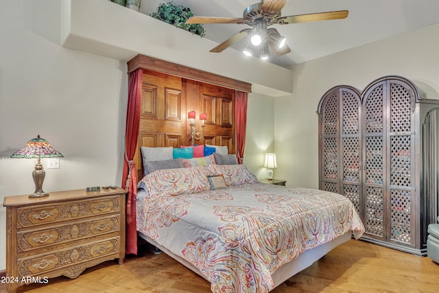 bedroom featuring ceiling fan and light wood-type flooring