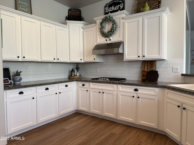 3765 N Denny Way, Buckeye, AZ 85396 - kitchen featuring under cabinet range hood, stainless steel gas stovetop, white cabinets, and light wood-style flooring